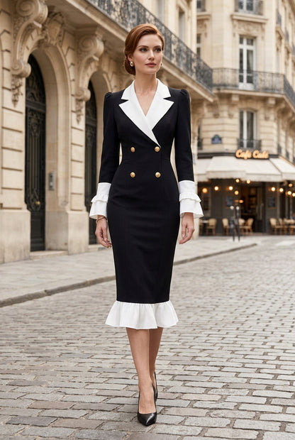 Double-Breasted Midi Dress with Ruffle Trim