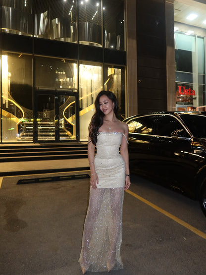 Off-the-Shoulder Shimmering Illusion Maxi Dress