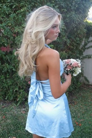 Satin Halter Deep V-Neck Mini Dress