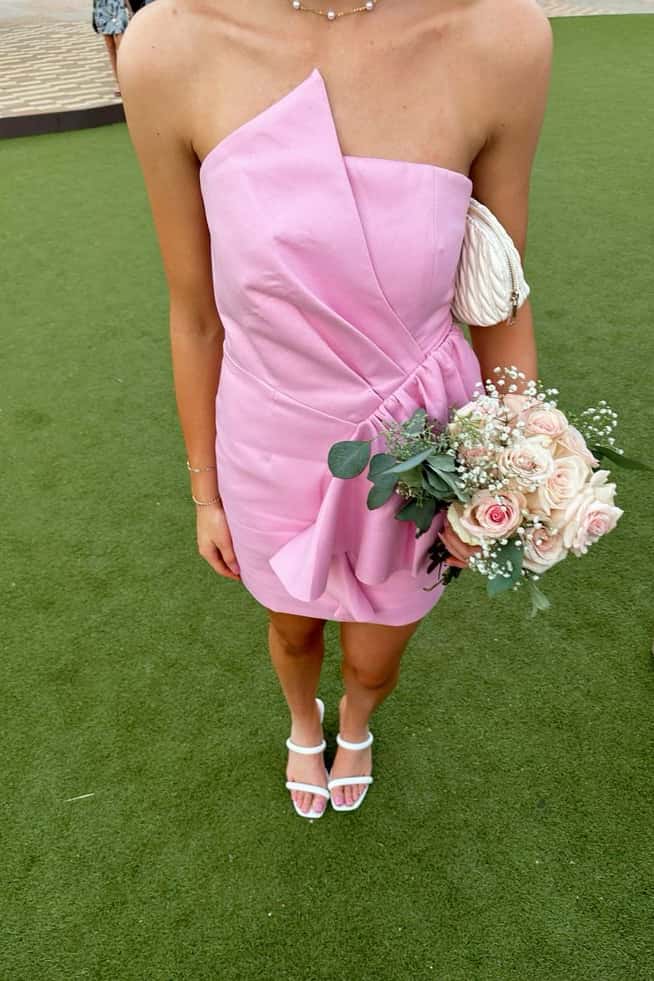 Strapless Asymmetrical Lapel Mini Dress with Side Drape