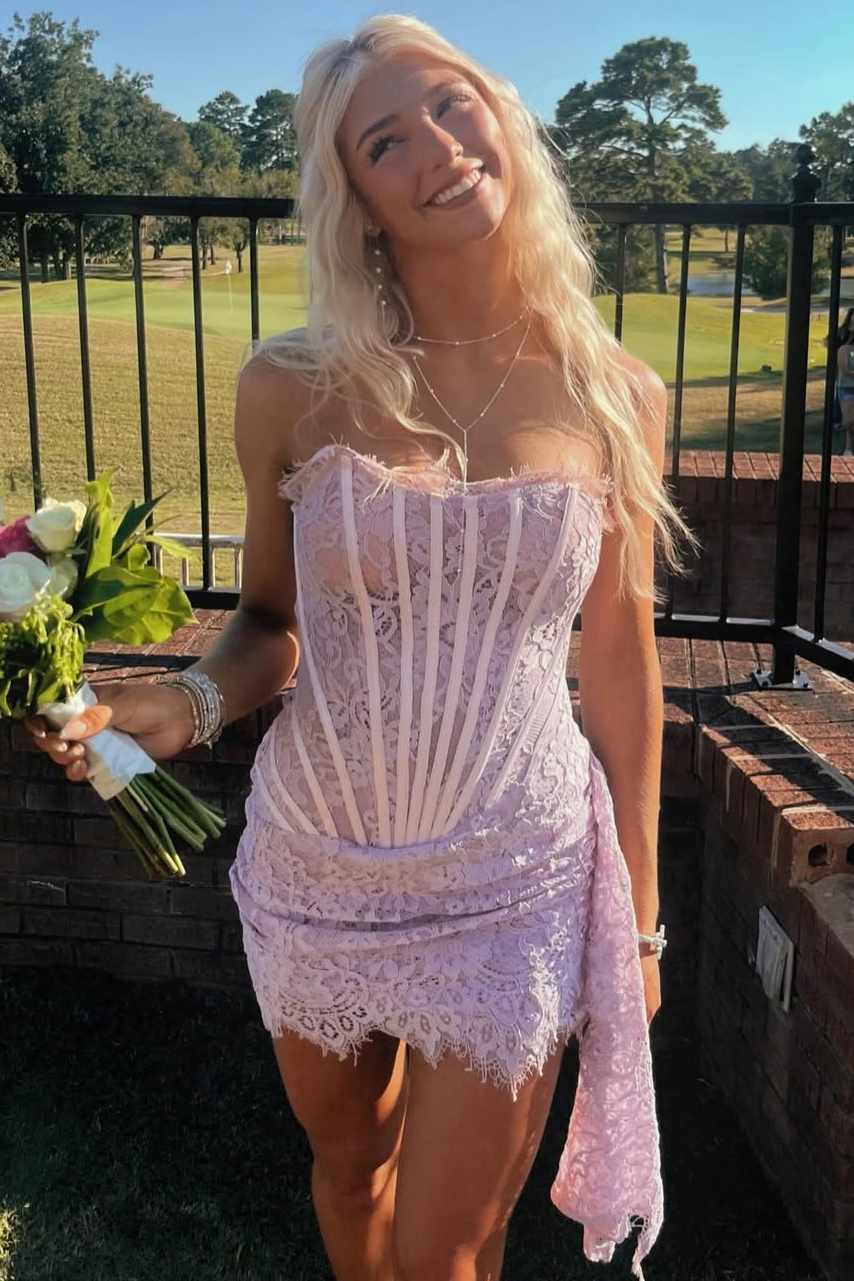 Strapless Lace Corset Asymmetrical Mini Dress