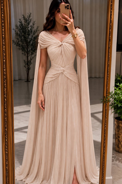 Pleated Cape Evening Gown with Twist Waist