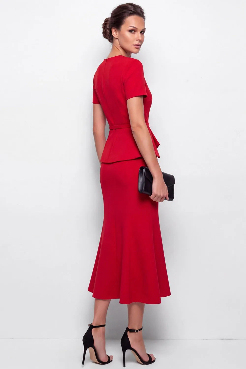 Peplum Midi Dress with Belt and Bow Detail