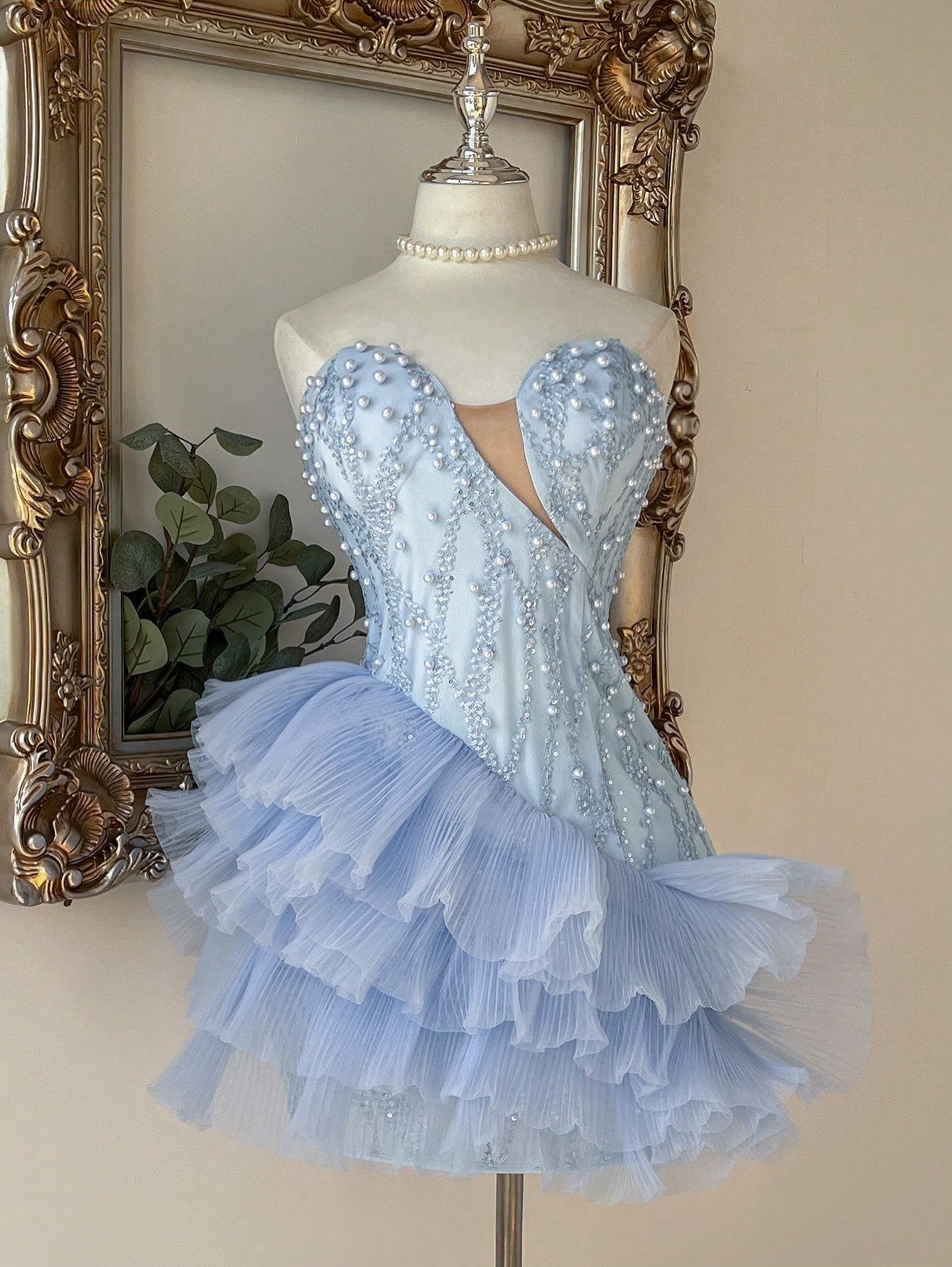 Asymmetrical Pearl Beaded Tiered Tulle Mini Dress
