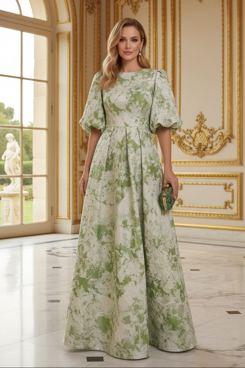 Puff Sleeve Pleated A-Line Maxi Dress