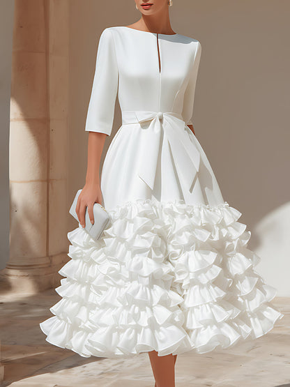 Tiered Ruffle Midi Dress with Bow Waistband