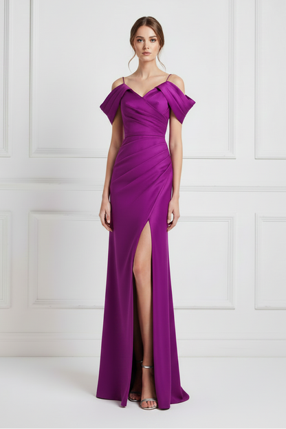 Pleated Off-Shoulder High Slit Formal Gown