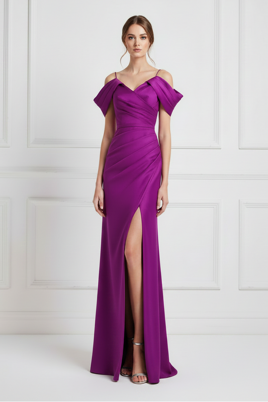 Pleated Off-Shoulder High Slit Formal Gown