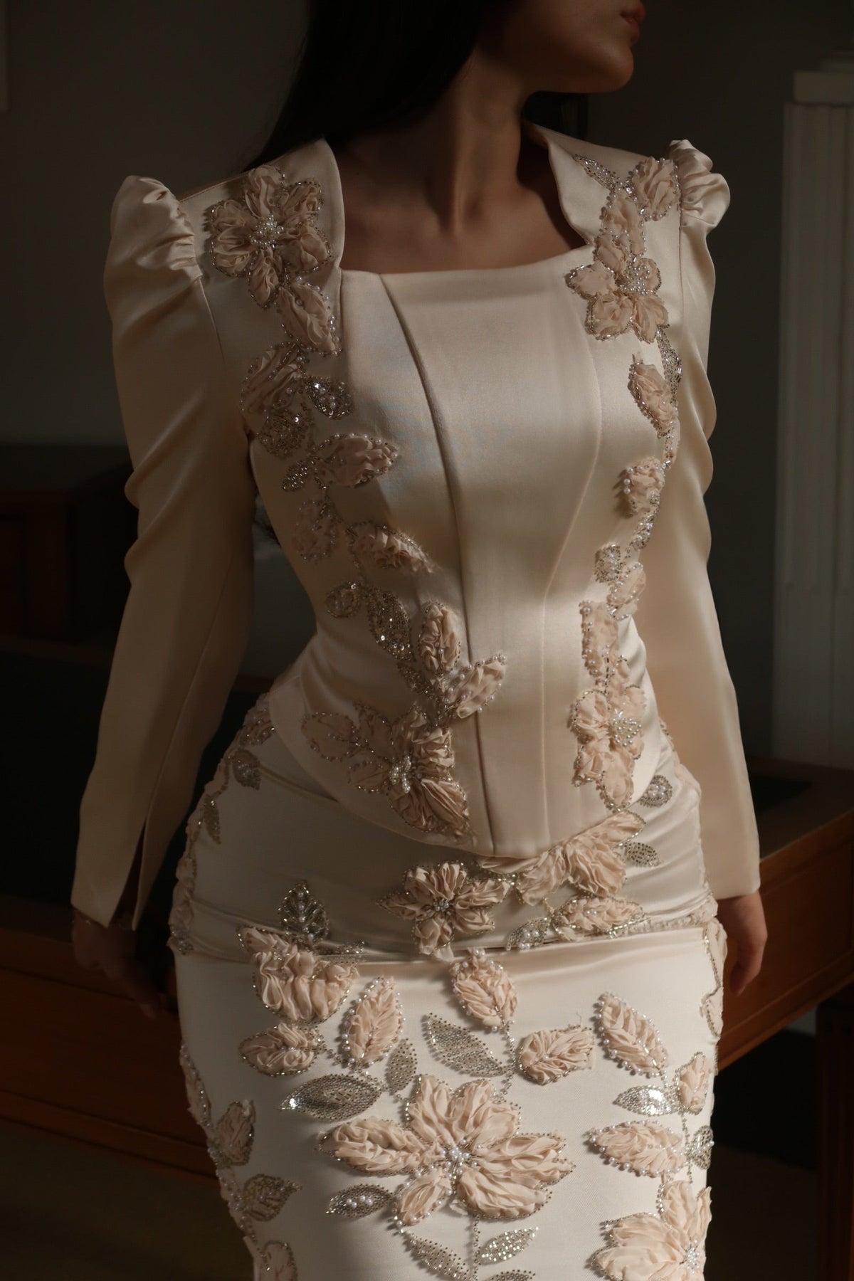 3D Floral Long Sleeve Satin Column Evening Gown