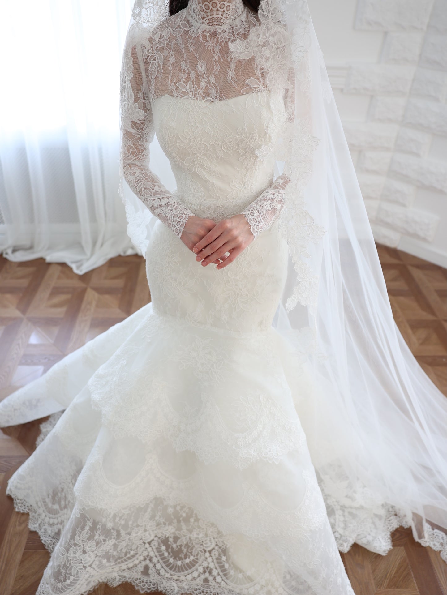 Lace High Neck Mermaid Wedding Dress with Sleeves