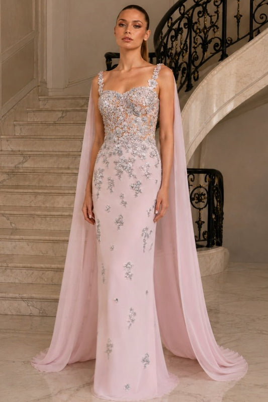 Embroidered Illusion Corset Gown with Shoulder Capes