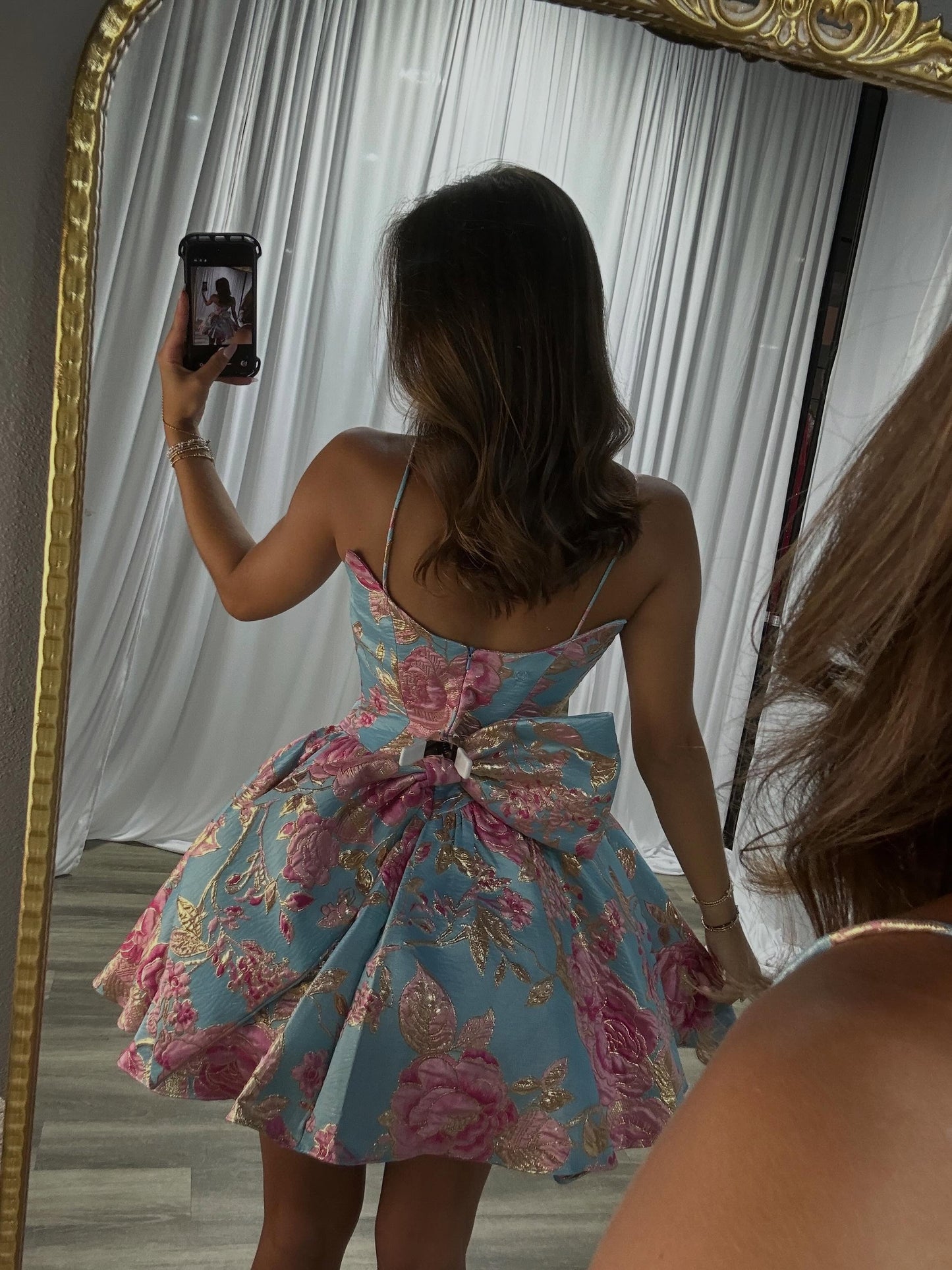 Floral Jacquard Spaghetti Strap Mini Dress with Bow