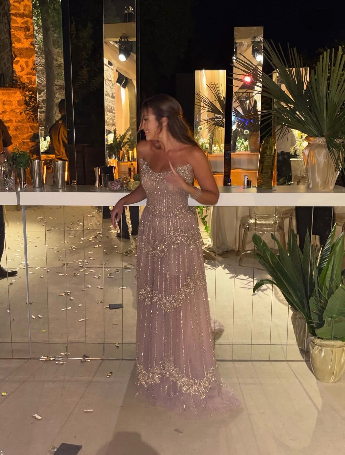 Strapless Beaded Tulle A-Line Evening Gown