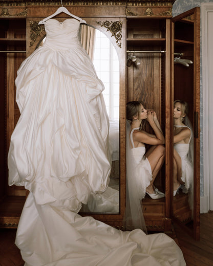 Strapless Ruched Ball Gown Wedding Dress with Train