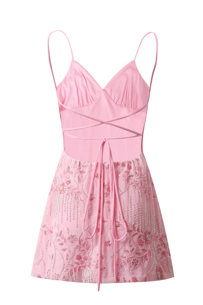 Sequined Floral Beaded Mini Dress with Lace-Up Back