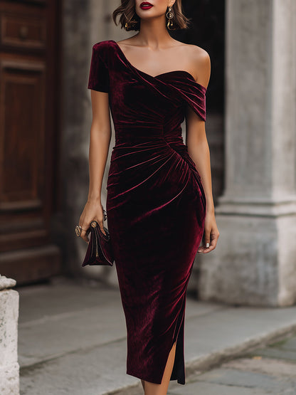 Asymmetric Ruched Velvet Midi Dress with Slit