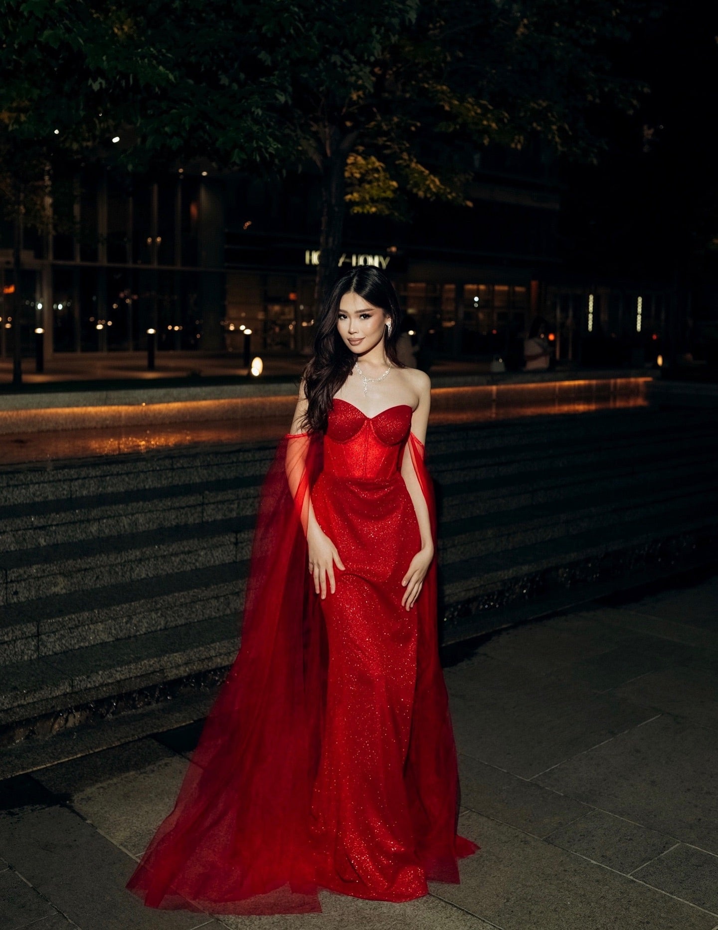 Corset Glitter Mermaid Gown with Draped Cape