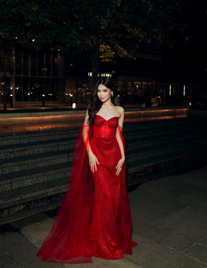Corset Glitter Mermaid Gown with Draped Cape