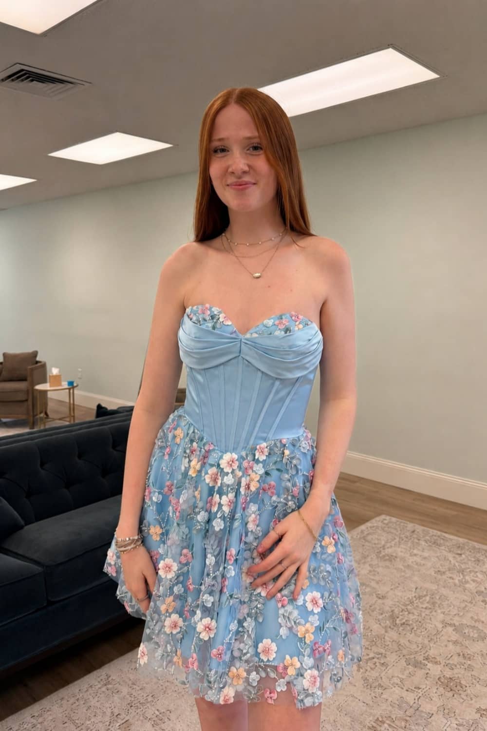 Strapless Floral Applique Corset Mini Dress