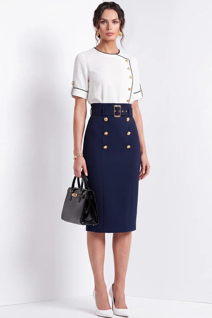 Short Sleeve Belted Midi Sheath Dress with Buttons