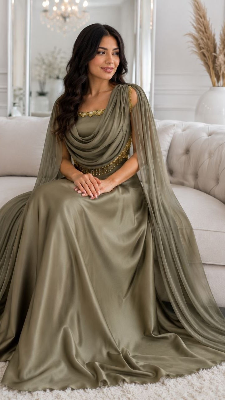 Draped Cowl Cape Evening Gown