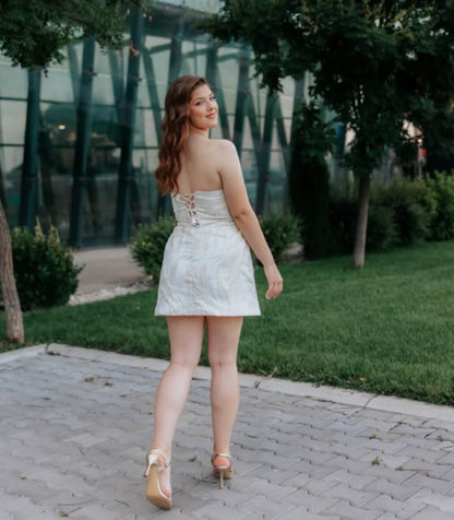 Square Neck Jacquard Mini Dress with Lace-Up Back