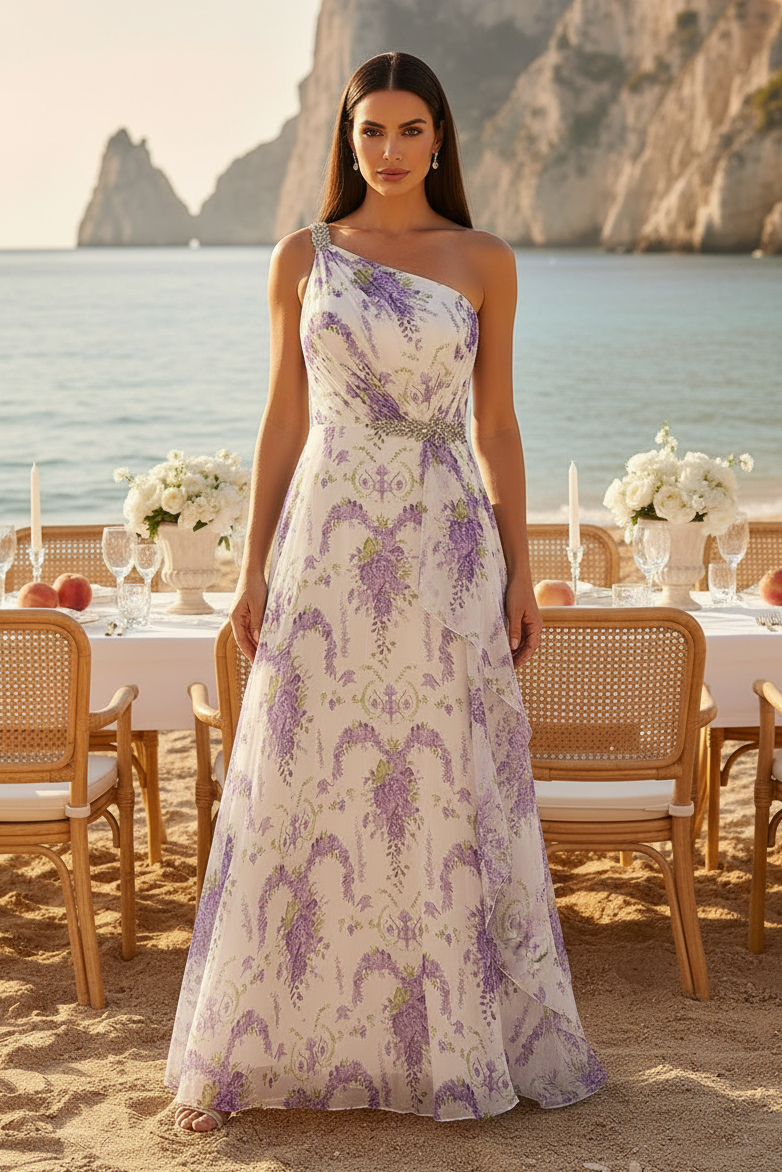 One-Shoulder Floral Print Chiffon A-Line Gown