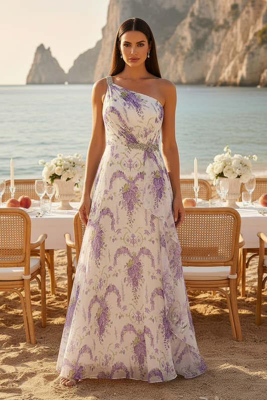 One-Shoulder Floral Print Chiffon A-Line Gown
