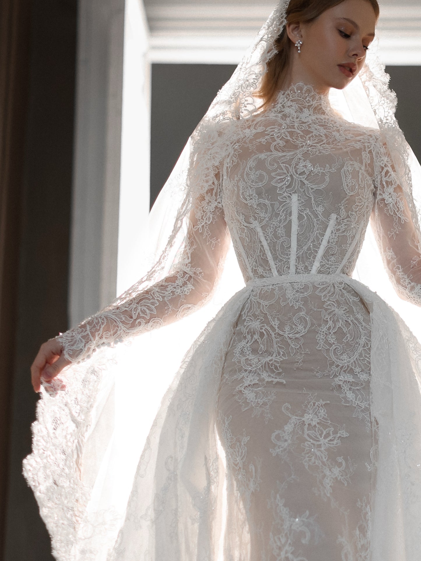 High Neck Lace Wedding Dress with Overskirt