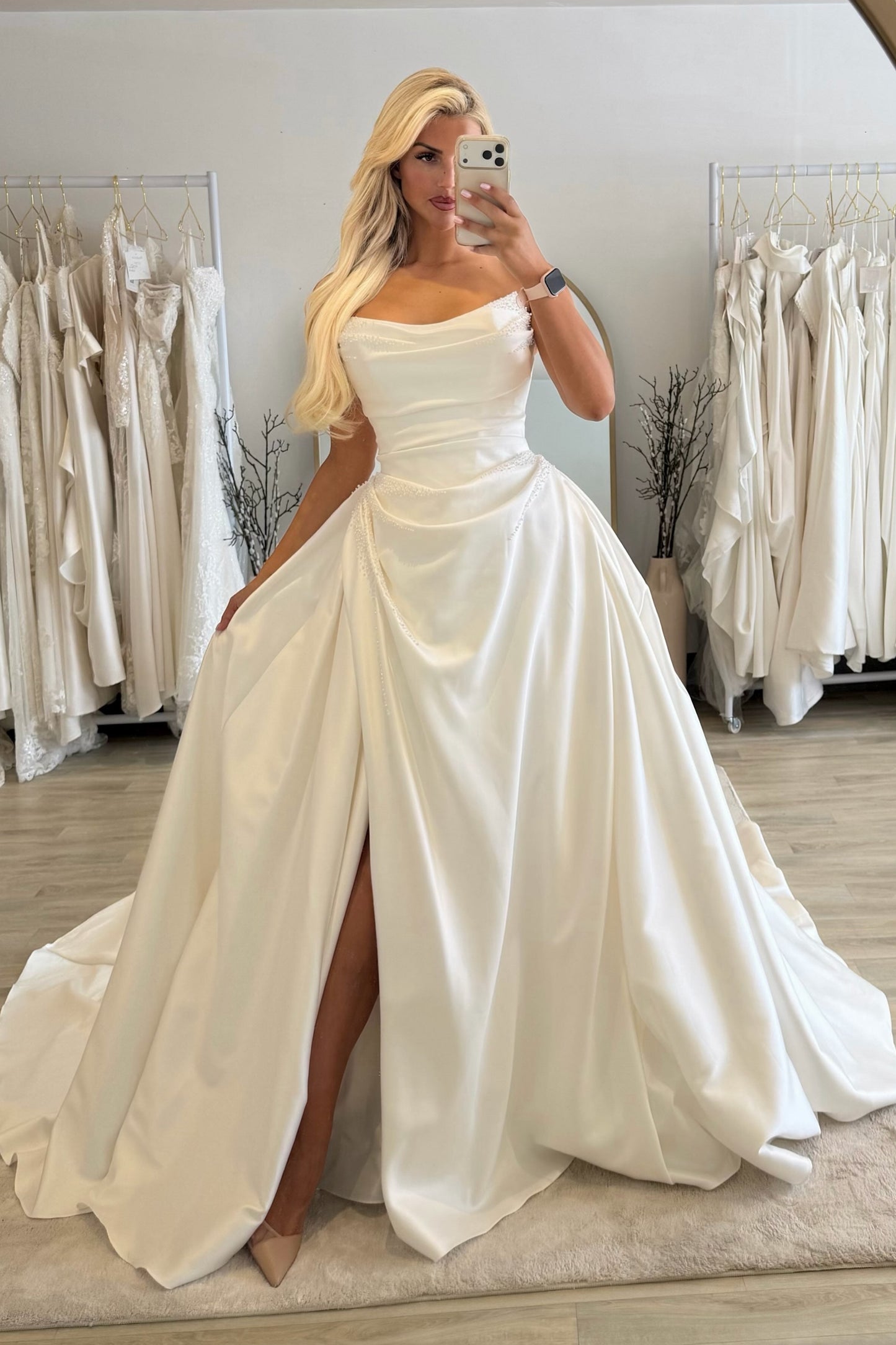 Strapless Draped Ball Gown Wedding Dress with Slit