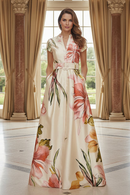 Floral Print Belted Shirt Collar A-Line Maxi Dress