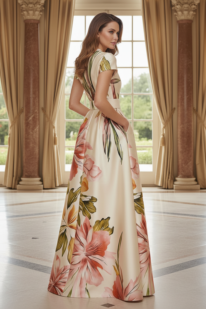 Floral Print Belted Shirt Collar A-Line Maxi Dress