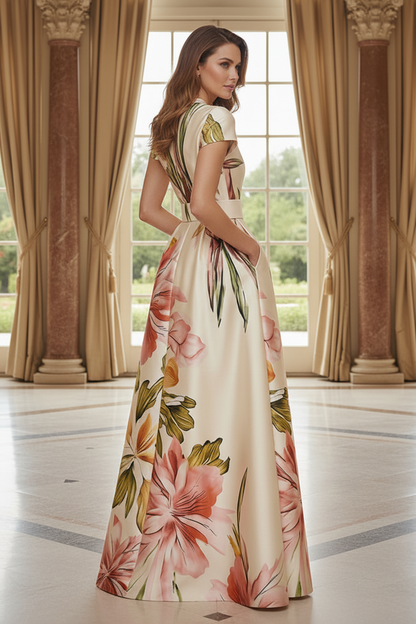 Floral Print Belted Shirt Collar A-Line Maxi Dress