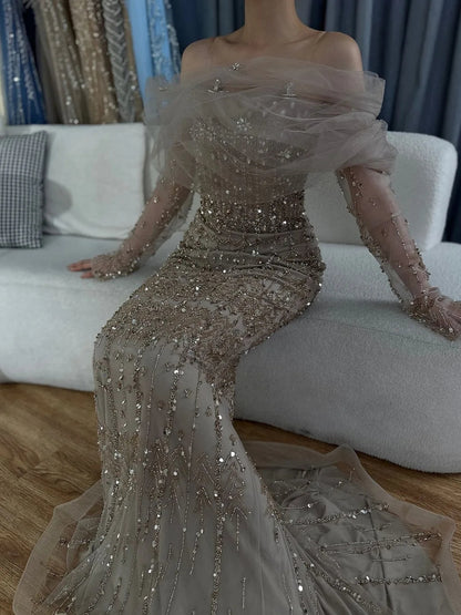 Off-The-Shoulder Beaded Mermaid Evening Gown