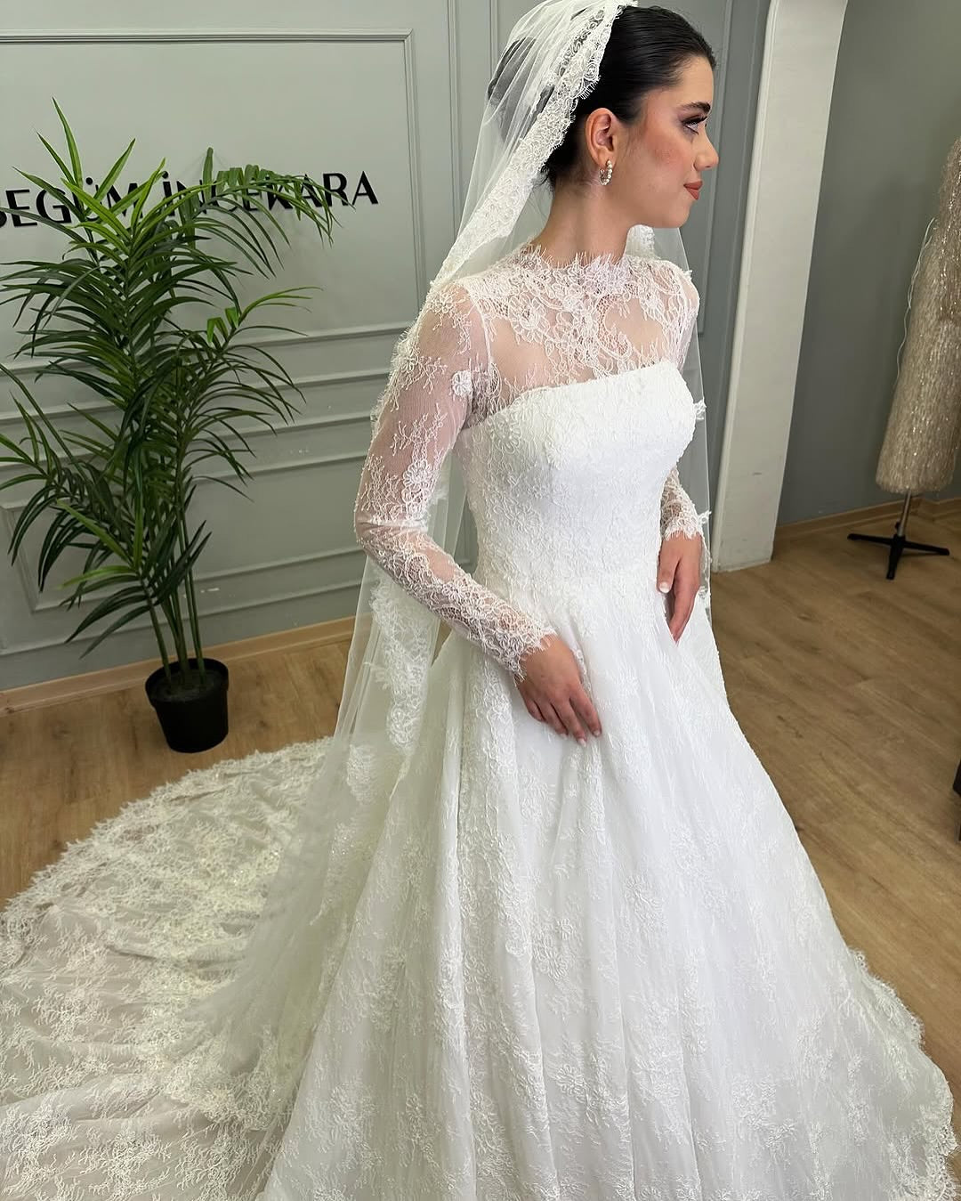 Lace Illusion Long Sleeve A-Line Wedding Dress