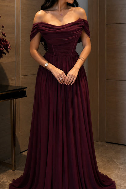 Off-the-Shoulder Ruched Corset Floor-Length Gown