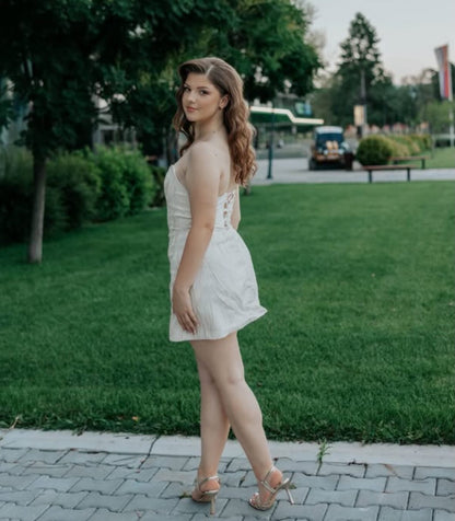 Square Neck Jacquard Mini Dress with Lace-Up Back