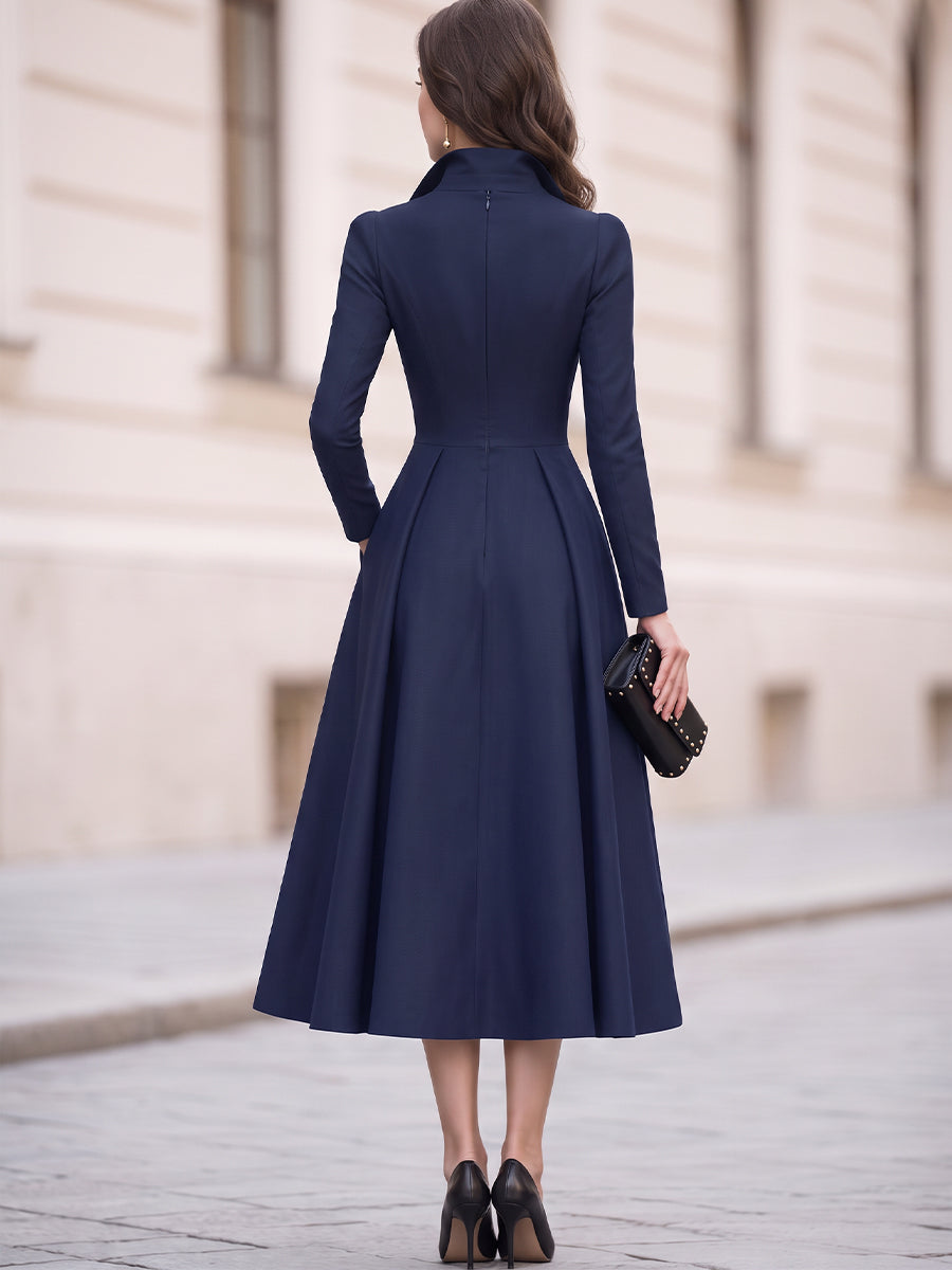 Collared Button-Front Long-Sleeve A-Line Midi Dress