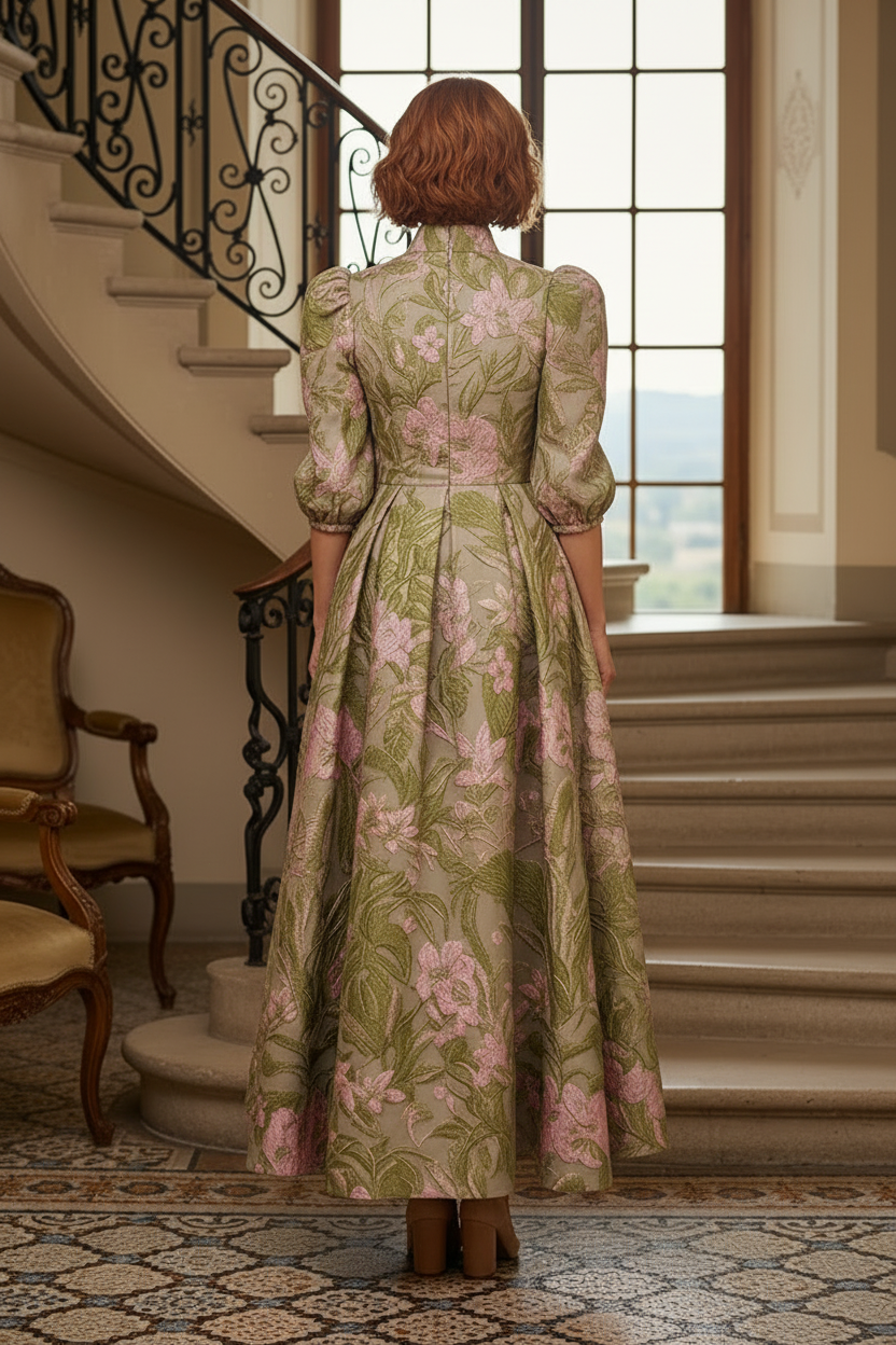 Floral Jacquard A-Line Dress with Puff Sleeves