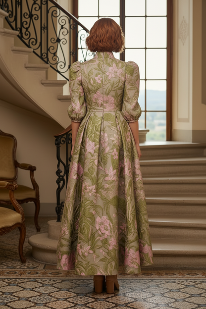 Floral Jacquard A-Line Dress with Puff Sleeves