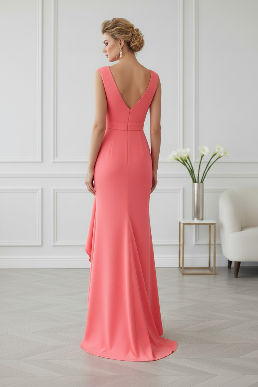 Bateau Neck Sleeveless Crepe Gown with Ruffle Slit
