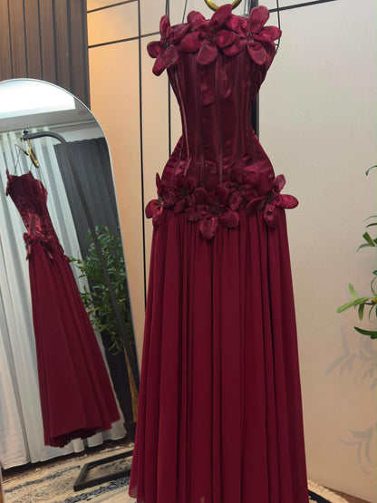 Strapless Corset A-Line Evening Gown with 3D Flowers