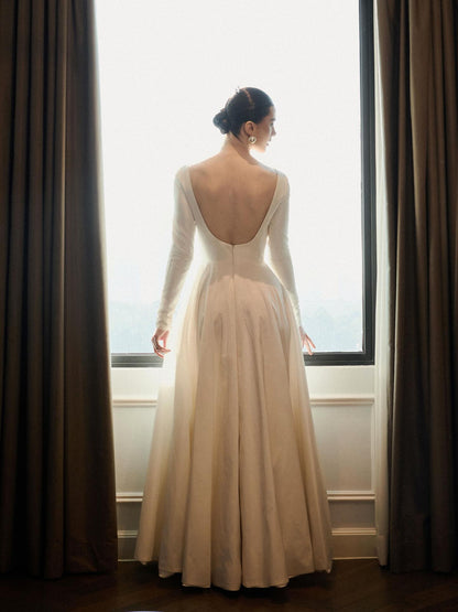 Minimalist Bateau Neck Long Sleeve A-Line Wedding Dress