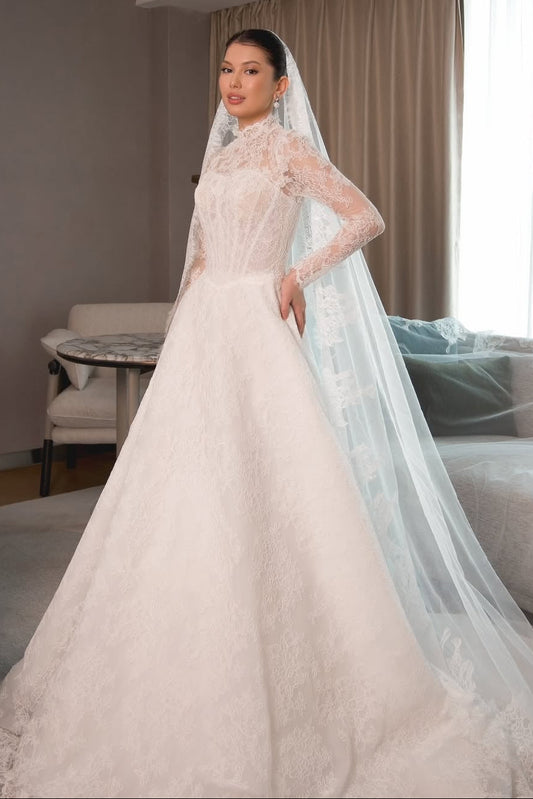 Lace High Neck Ball Gown Wedding Dress