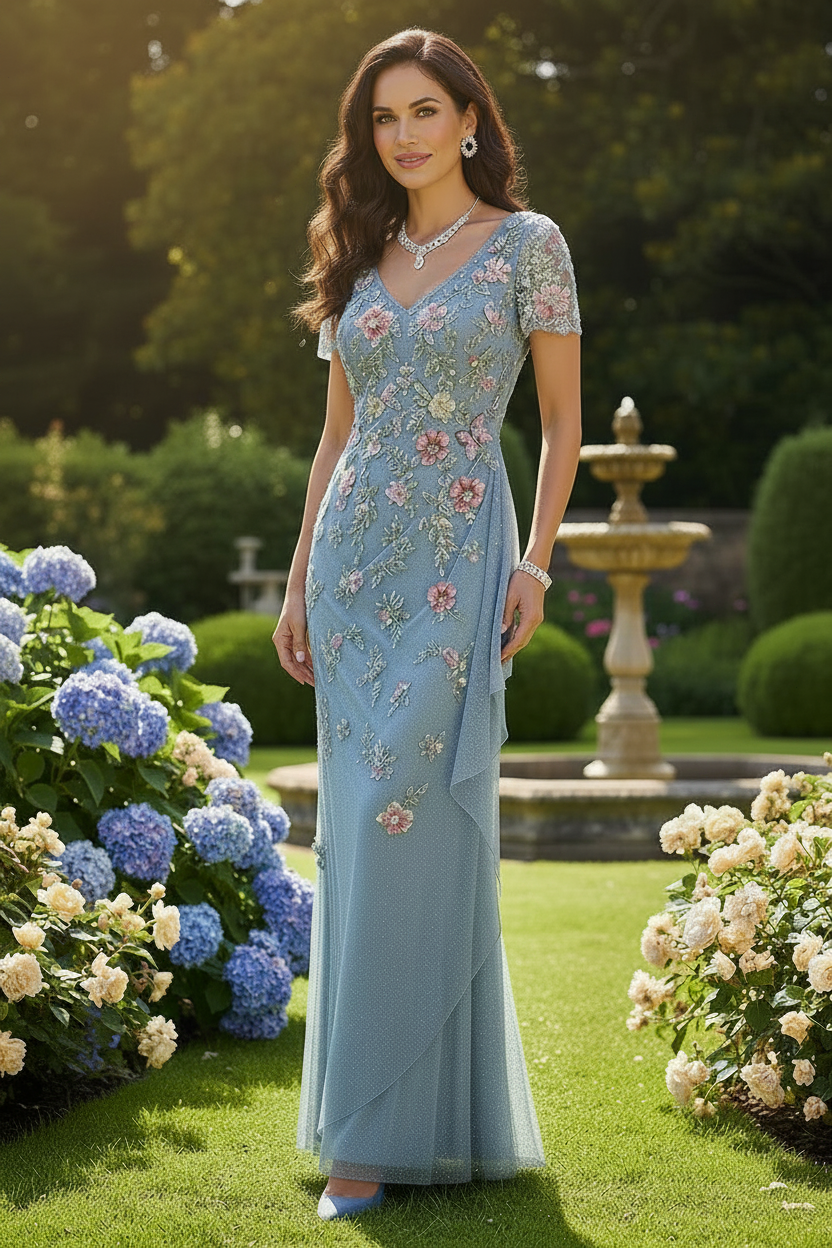 Floral Embroidered Sheath Evening Gown