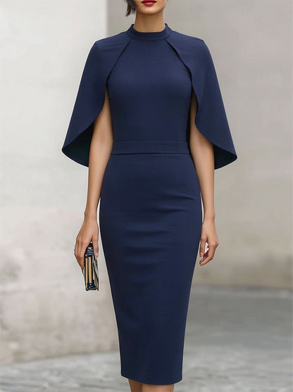 High-Neck Cape Midi Sheath Dress