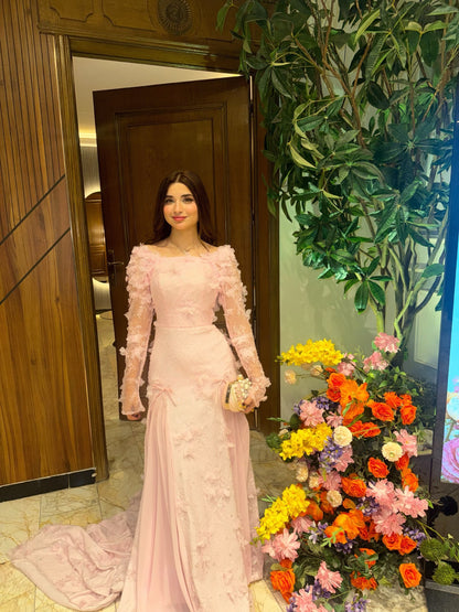 3D Floral Applique Long Sleeve Evening Gown