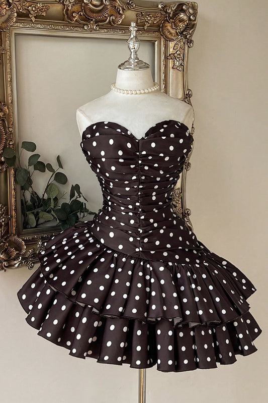 Polka Dot Strapless Ruched Tiered Mini Dress