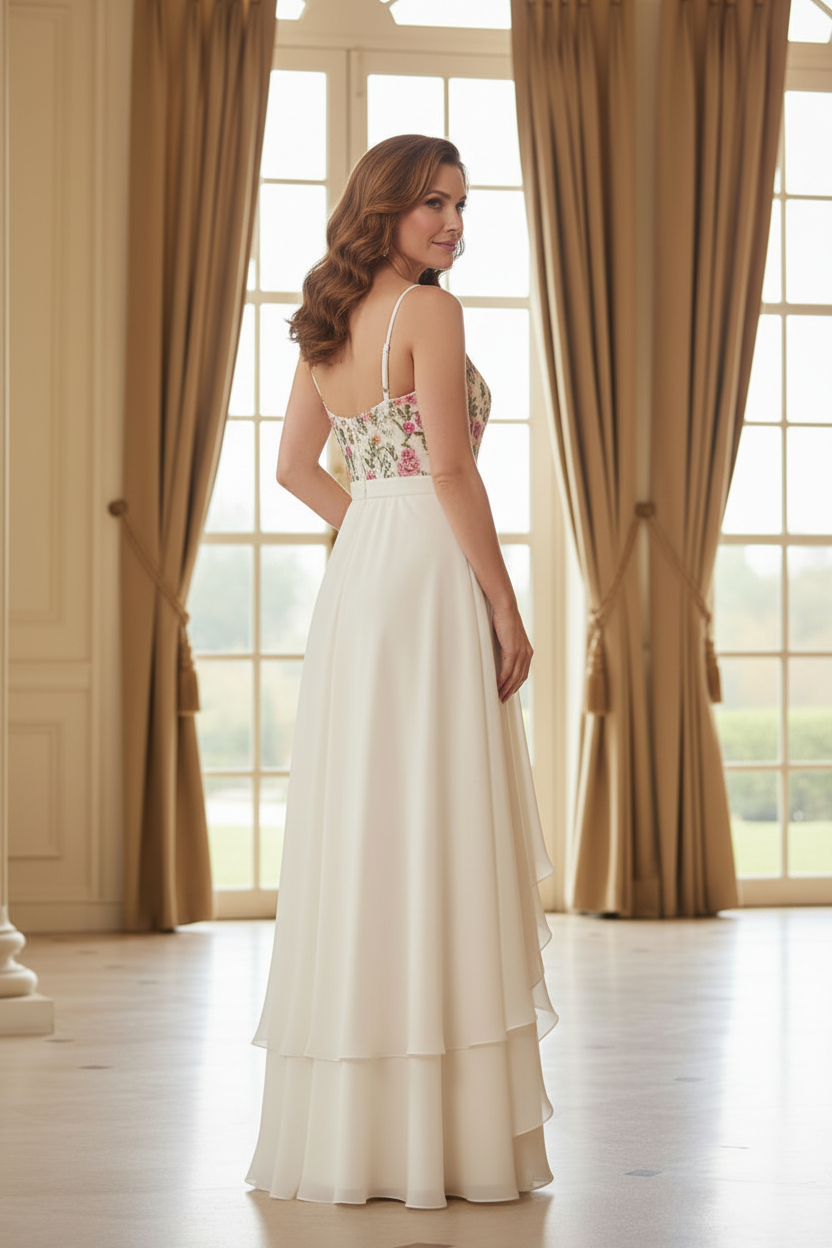 Floral Embroidered Gown with Sheer Jacket & Ruffle Skirt
