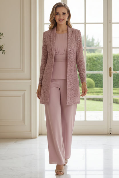 Dusty Rose 3-Piece Mother of the Bride Pantsuit with Lace Jacket